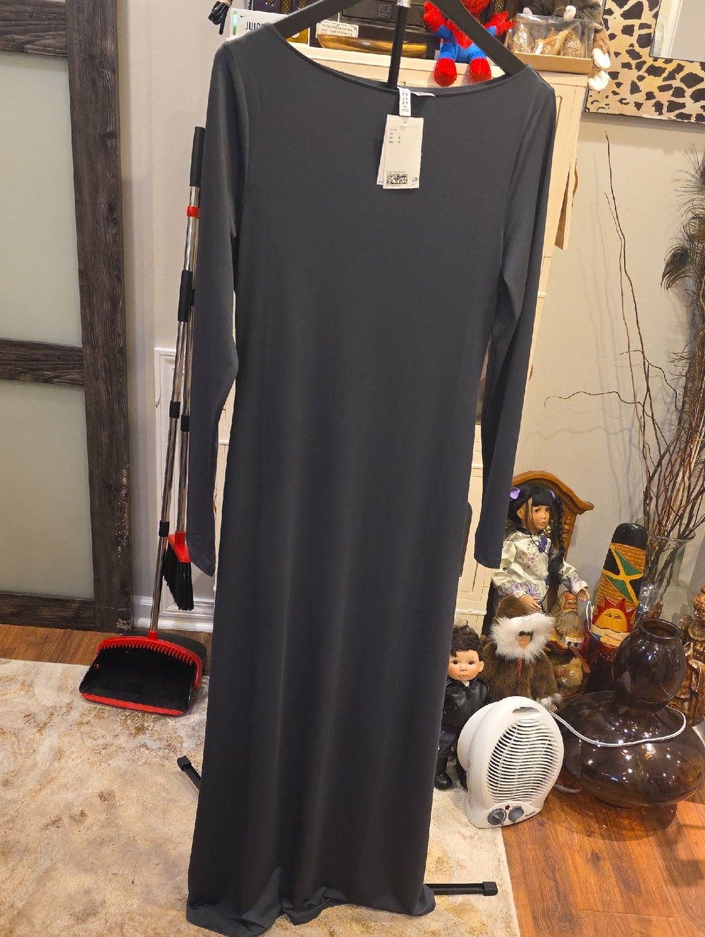 Divided Long Sleeve Maxi Dress in Charcoal Gray